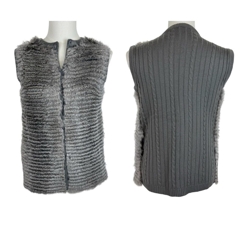 J. McLaughlin Merino Wool Vest with Rabbit Fur Front Panel Ribbed Knit Gray S